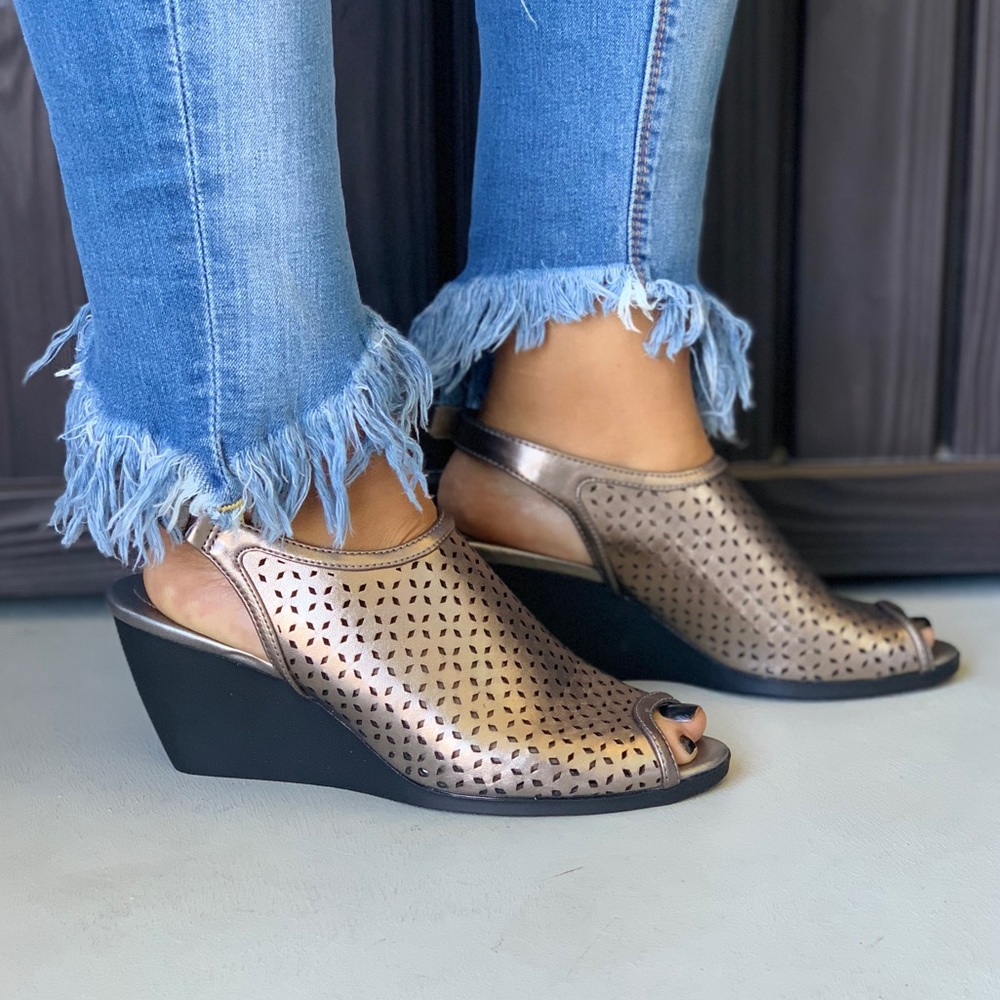 Metallic Pewter Peep Toe Perforated Wedge Sandal